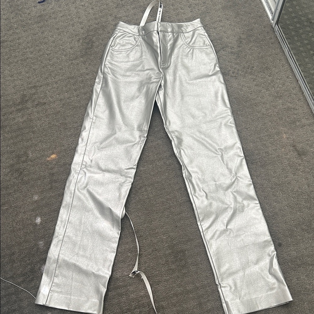 Mistress Rocks Silver Faux Leather Pants Size Small High Rise Straight Leg